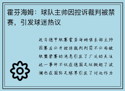 霍芬海姆：球队主帅因控诉裁判被禁赛，引发球迷热议